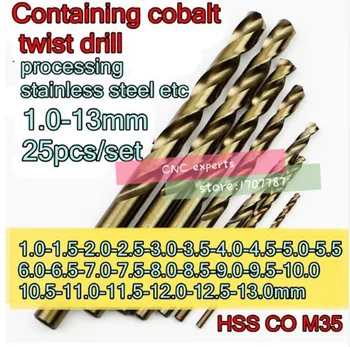1,0-13,0 mm 25 бр./компл. HSS CO5% M35, Съдържащ кобальтовое спиральное тренировка, който интерпретира моментното нержавеющую стомана и т.н. Безплатна доставка