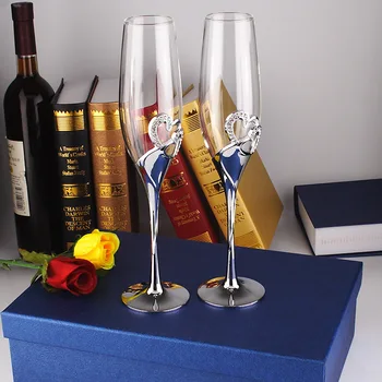 1 чифт сватбени чаши за шампанско сребрист цвят с червено вино с хрусталем 2 пръстени/ чаша за шампанско, украса чаша за флейта