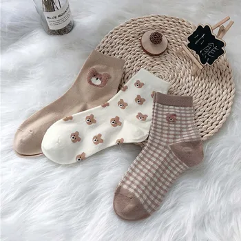 1 Чифт Чудесни чорапи с анимационни мечка Памучни дишащи за жени и момичета, Модни меки ежедневни чорапи Kawaii