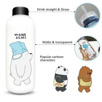 1000 мл Бутилка за вода KONGFU Panda Чаша със сламен прозрачна анимационен бутилка за вода, Посуда Матирана Чаша запечатани