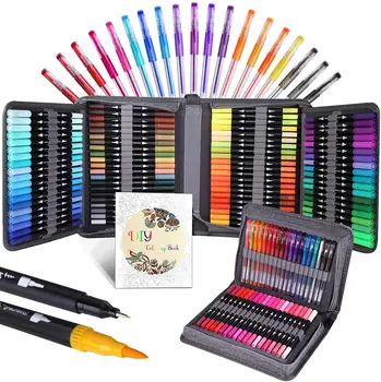 120 Опаковки Комплект от Дръжки за рисуване 100 Цветни Маркери с двоен Фитил и 20 Цвята Блестящи Гел Химикалки с Холщовой чанта за възрастни Оцветяване