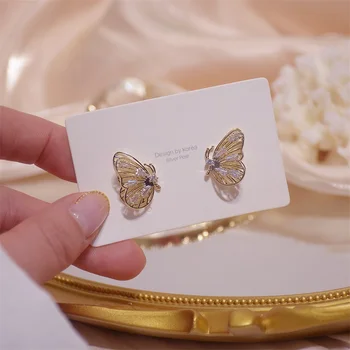 14 Истинско Злато Луксозни Кухи Пеперуди Дамски Обеци Bling Кристални Цирконий Ослепителни Обеци-карамфил Сватба Сватбени Украса на Подарък