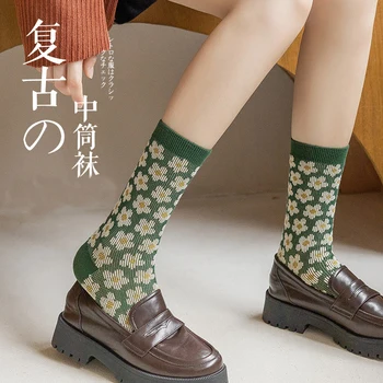 2 Чифта дълги чорапи, Зимни Дамски Зелени Японски с флорални принтом Ретро Меки Мода за момичета Скейтборд Sokken Луксозни аксесоари Harajuku