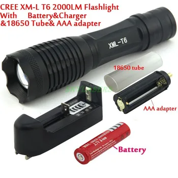 2000 LM E6-Супер ярък Мащабируем XML-T6 LED Фенерче 18650 Фенерче + батерия 18650 + Зарядно устройство