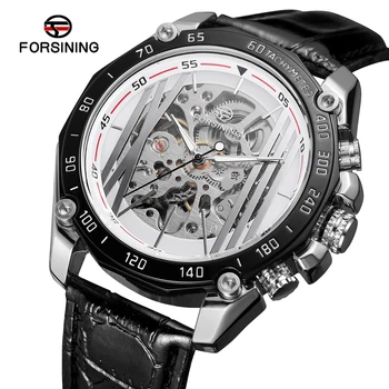 2019 Мода Forsining Топ Марка Военно-Спортни Часовници Дизайн Автоматично Прозрачни Кожени Мъжки Механични часовници с виртуален скелет