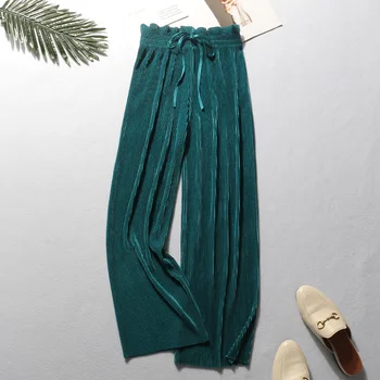 2019 Нова лятна мода Висока талия шифоновые широки панталони женски домашни панталони с лък и накъдрен плисирани панталони Свободни тънки плажни гамаши