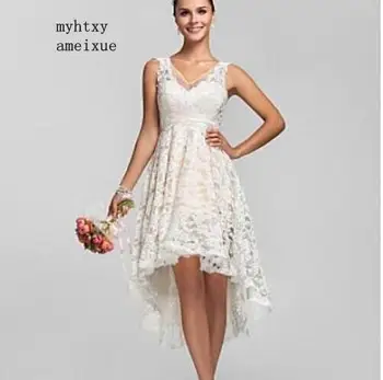 2020 Дантелени Високи ниски Плажни Секси Сватбени Рокли Евтини Сватбени рокли Гръцкото Сватбена рокля трапецовидна форма Vestido De Noiva Реколта До 50 долара