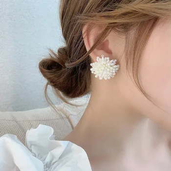 2020 Корейски Нов Модерен Фойерверки Ръчно изработени Цветя Малки Перли Големи Обеци-карамфил За жени, Модни Бижута Елегантни обеци
