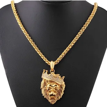 2020 Нов Модерен Медальон с глава на Лъв животно Колие Мъжко Колие Crystal Crown Инкрустирани Метална Висулка Аксесоари за партита Бижута