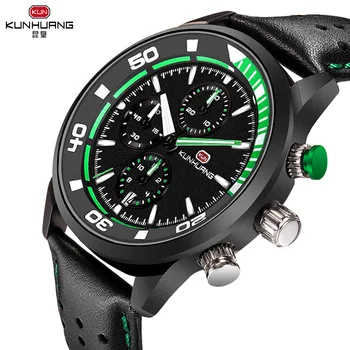2020 Черен часовник от естествена кожа за мъже Военни Спортни Водоустойчив часовник Многофункционални Часовници Мъжки Часовници Relogio Masculino