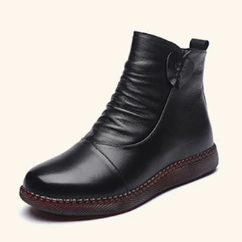 2021 2022 Есенен дамски обувки Кожени къси Черни ботуши Модерен Нови зимни дамски обувки на плоска подметка нескользящие топли обувки на дебела подметка