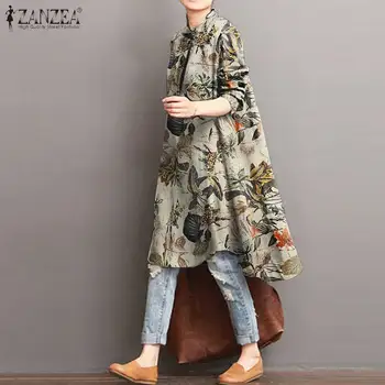 2021 ZANZEA Дамски блузи с принтом Кафтан Есенна риза Vestidos Ежедневни Дълги блузи с дълъг ръкав, Дамски туника с цветен модел