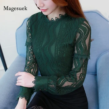 2021 Выдалбливают Плюс Размер Елегантни Блузи, Модни Дамски блузи, Ризи зелен цвят с дълъг ръкав Лейси дамски дрехи Blusas C896 30