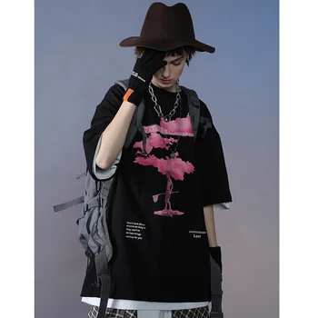 2021 Градинска облекло Harajuku Негабаритная Мъжка тениска Розов облак Хип-хоп Лятна тениска с къс ръкав Памучен модни дрехи Черни върхове
