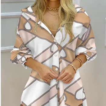 2021 Дамска мода Раирана риза с принтом Дама с дълъг ръкав Однобортная блуза с открити рамене Дизайн с рюшами и бутони Ежедневни блузи
