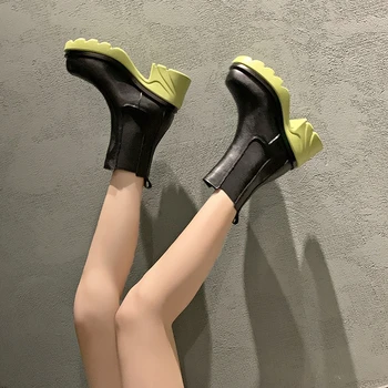 2021 Дамски обувки на дебелите обувки на висок ток Ежедневни Еластични обувки голям размер Челси с квадратни пръсти Ytmtloy Botines De Mujer Buty Damskie