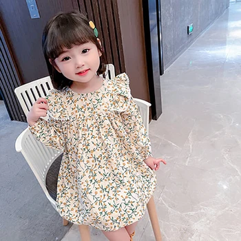 2021 Есен Ново детско корейска рокля за момичета Детски дрехи с хубав цветен принтом Дантелено рокля на Принцеса за момиченца