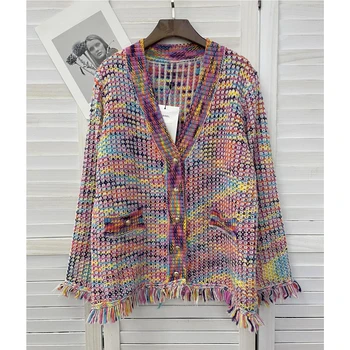 2021 Есенно-зимния женски пуловер френски цвят вязаный туид жилетка с V-образно деколте, сако, дамски дебела игла с пискюл, преливащи палто