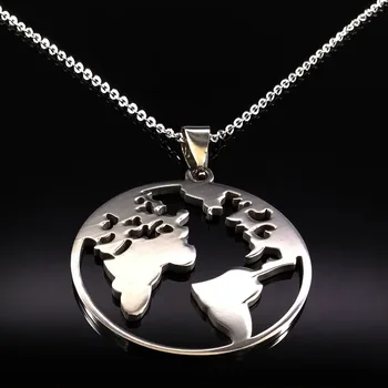 2021 Карта на света мода Колие от неръждаема стомана за жени Сребърен Цвят Колие с веригата Бижута colgante mundo N18167