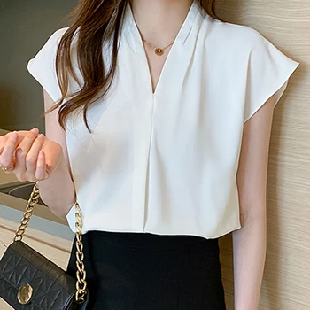 2021 Лятна блуза с V-образно деколте Дамски блузи Обикновена Плюс Размер Дамски дрехи Офис дама Ежедневни шифоновая дамска риза с къс ръкав 13805