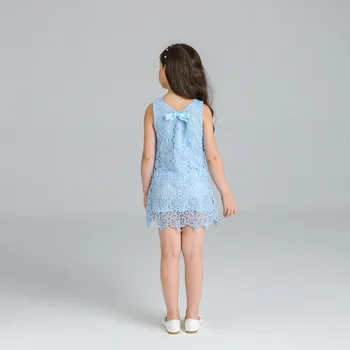 2021 Лято новият пристигането на Детски дрехи в корейски стил Детска рокля без ръкави за малки момичета Небето-синьо дантелено рокля-принцеса жилетка