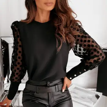 2021 Модерен женски пуловер Риза за кожата Дишаща с кръгло деколте Лейси Лоскутная блуза на полка точки с дълъг ръкав за ежедневието