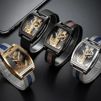 2021 Модни прозрачни часовници Мъжки Часовници с турбийоном Цветен текстилен Колан Автоматични Механични Ръчни часовници Мъжки часовници Reloj Hombre