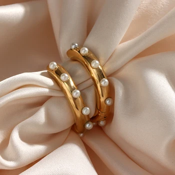 2021 Нов култивирани перли Дебели Обеци-халки за жени, Класически обеци от неръждаема стомана с покритие от истинско злато, Бижута, най-Добрият подарък