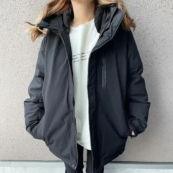 2021 Нова зимно яке за жени Черен джоба с цип със средна дължина, с дълги ръкави с качулка на шията Однотонная Свободна Офис дама Топло палто Всекидневното