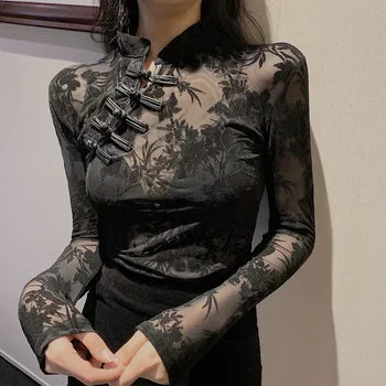 2021 Новата Реколта Прозрачна лейси дамска риза с дълъг ръкав, тънка поло в китайски стил, черна секси блуза, Топ за жени 11350