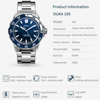 2021 Нови механични ръчни часовници DUKA най-добрата марка на луксозни автоматични часовници за мъже NH35 Часовници за водолази от неръждаема стомана за мъже reloj hombre