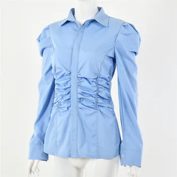 2021 Пролет Офис дама Дамски Модни блузи с пищни ръкави Тънки обикновени ризи, Дамски блузи и Ежедневни Градинска облекло Потници Дамски Blusas