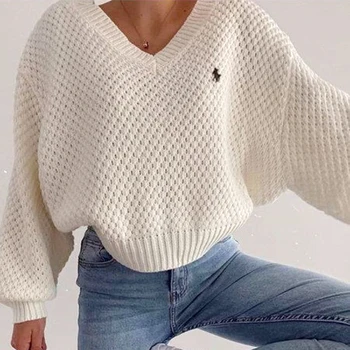 2021 Пролетно-есенен ден за ден пуловер за жени Нова мода Секси свободен топ с V-образно деколте За жени Harajuku Oversize пуловер