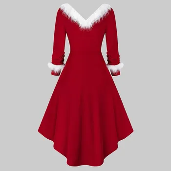2022 Коледна рокля За жените плюш, с дълъг ръкав V-образно деколте и пола 
