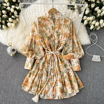2022 Лято Есен Однобортное шифоновое женствена рокля с флорални принтом, Трапециевидный ръкав-фенер, Рибя опашка, Дълга рокля до средата на прасците, женски