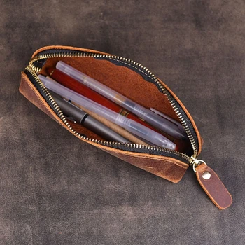 2022 Нова Чанта за моливи, Ръчно изработени От естествена Кожа Реколта Чанта с цип от телешка кожа Училищна чанта