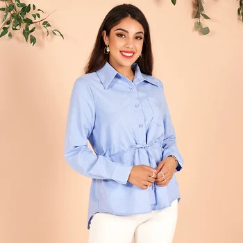 2022 Новата пролетно-лятна дамска риза Синя Дантела Колан с дълъг ръкав Блуза с отворотами Официално Офис женски копчета Върховете 3XL 4XL
