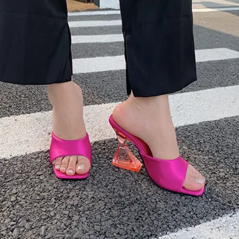 2022 Нови дамски чехли Модни Прости с квадратна глава Сатен Прозрачни кристални обувки на висок Ток От 35 До 41 Размер
