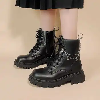 2022 Нови черни кожени ботильоны водоустойчиви Дамски обувки дантела на нисък ток Студентски момичета Пънк Супер Звездната Верига Мартин Ботуши