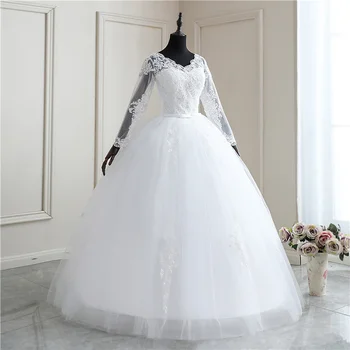 2022 Ново пролетта сватбена рокля с дълъг ръкав и V-образно деколте от шифон с кружевными апликации бял цвят Vestido De Noiva Плюс Размера на Сватбена рокля на Принцеса