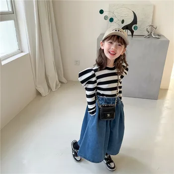2022 Пролет Корейски Момиче Принцеса Шарени Личност Тениска с пищни ръкави за деца с по-ниския покрив