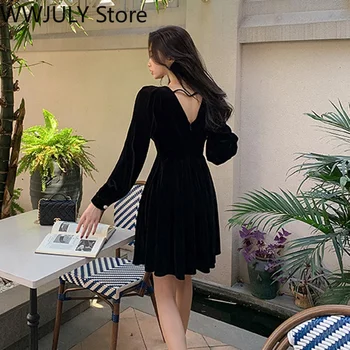 2022 Пролетта бархатное вечерна рокля за партита Вечер жена винтажное рокля от едно парче от Японска черна мини-рокля с дълъг ръкав Офис дизайн с лък