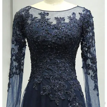 2022 Тъмно Сини рокли за майката на Булката с дълги ръкави трапецовидна форма от тюл с аппликацией от дантела Истинска снимка на Прозрачни Сватбени рокли за партита F