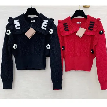 22 Пролетта Нов пуловер от чиста вълна За жени с дълъг ръкав с набори на яката Писмо Цвете вязаный пуловер Високо качество на Kawai Сладък пуловер