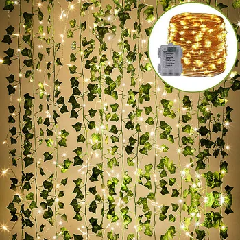 220 см led въженият лампа от изкуствени растения зелен лист бръшлян лоза клен фея светлина въже листа лампа венец сам подвесное осветление