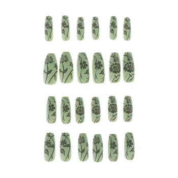 24шт Ретро Зелен Натиснете върху ноктите си Фалшиви Нокти Пълно Покритие на Ноктите Режийни Ноктите Лепило