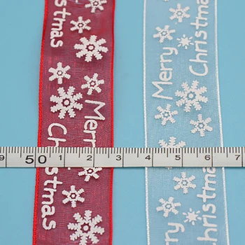 25 мм Червен/Бял Шифон с принтом Снежинки, Коледни Панделки за Ръчно изработени САМ опаковъчна хартия за декорация на едро 4.5 m/лот