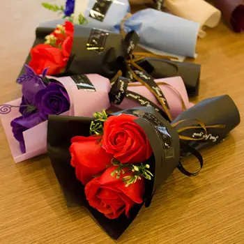 3 Глави Изкуствен Букет от Рози, Ръчно изработени Сапун Цвете, Подарък За Свети Валентин Спалня Декорация на Сватбени партита Изкуствени цветя