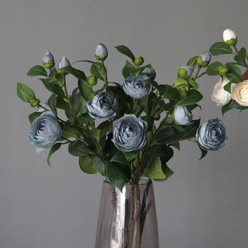 3 Глави Изкуствена Чаена Роза Цвете от Коприна Фалшиви Флорес за Украса на Сватбени Партита Висококачествени Diy Аксесоари