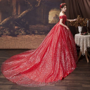 3 Модели на Червено Романтична сватбена рокля с лъскава звезда с ръкав Плюс Размер с открити рамене дантела Сватбена рокля на Принцеса Vestidos De Новия